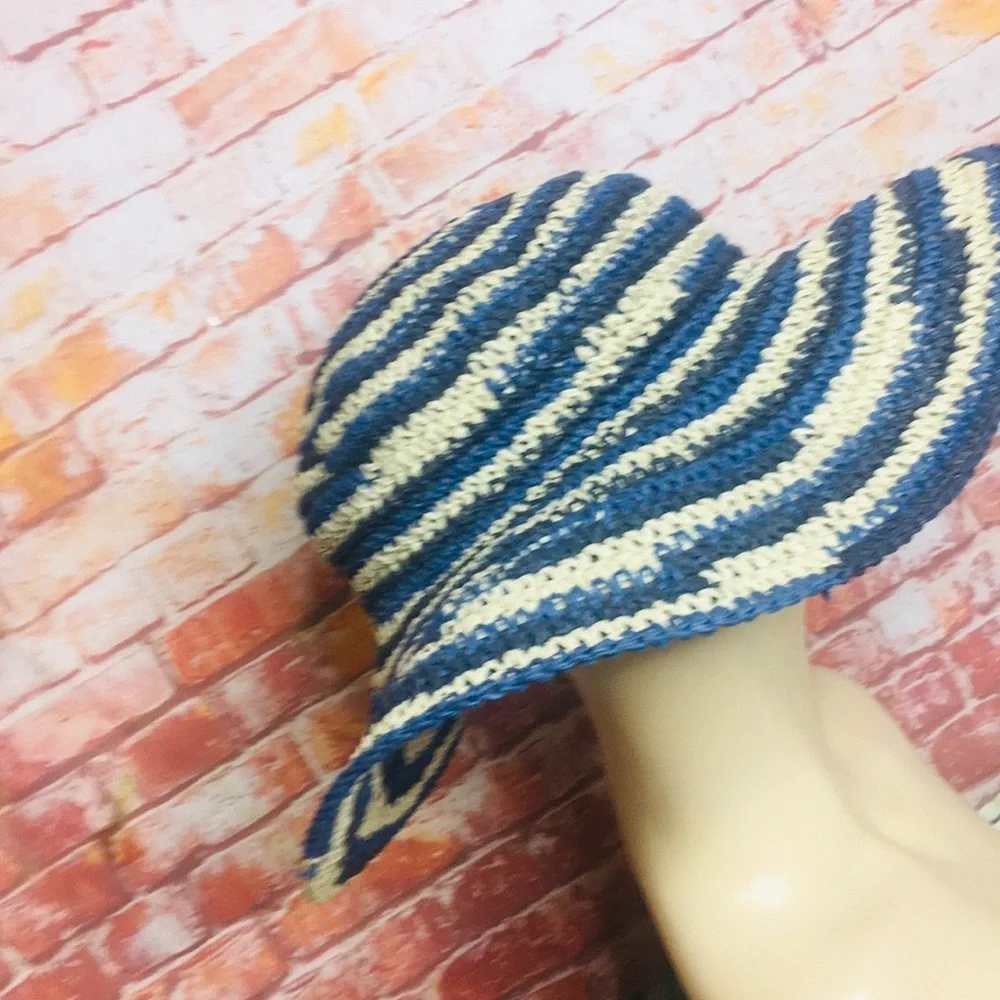 San Diego Hat Company Blue and White Striped Wide Brimmed Woven Retro Beach Hat